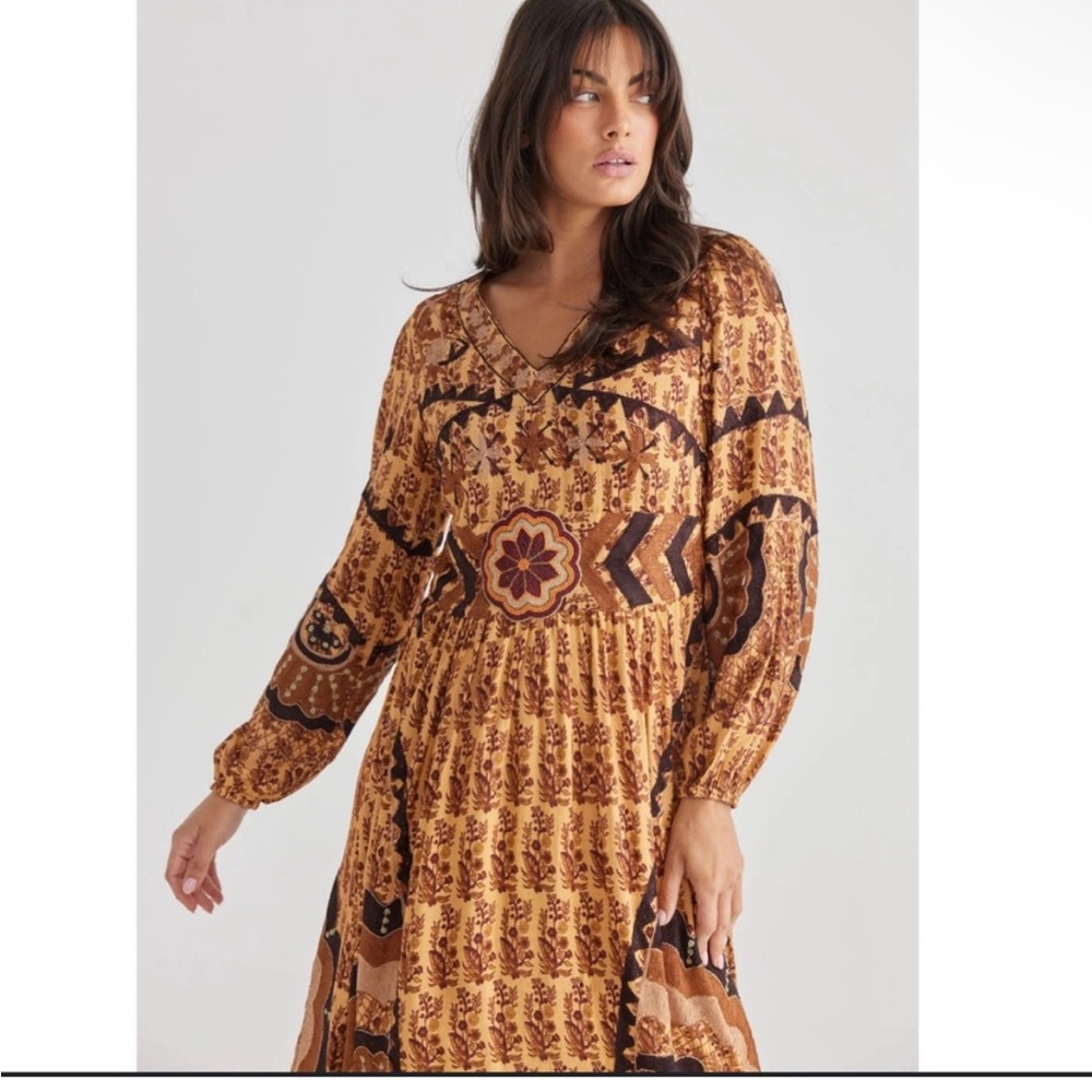 NWT Talisman Sitara Long Bishop Sleeve Golden Floral Bohemian Maxi Dress